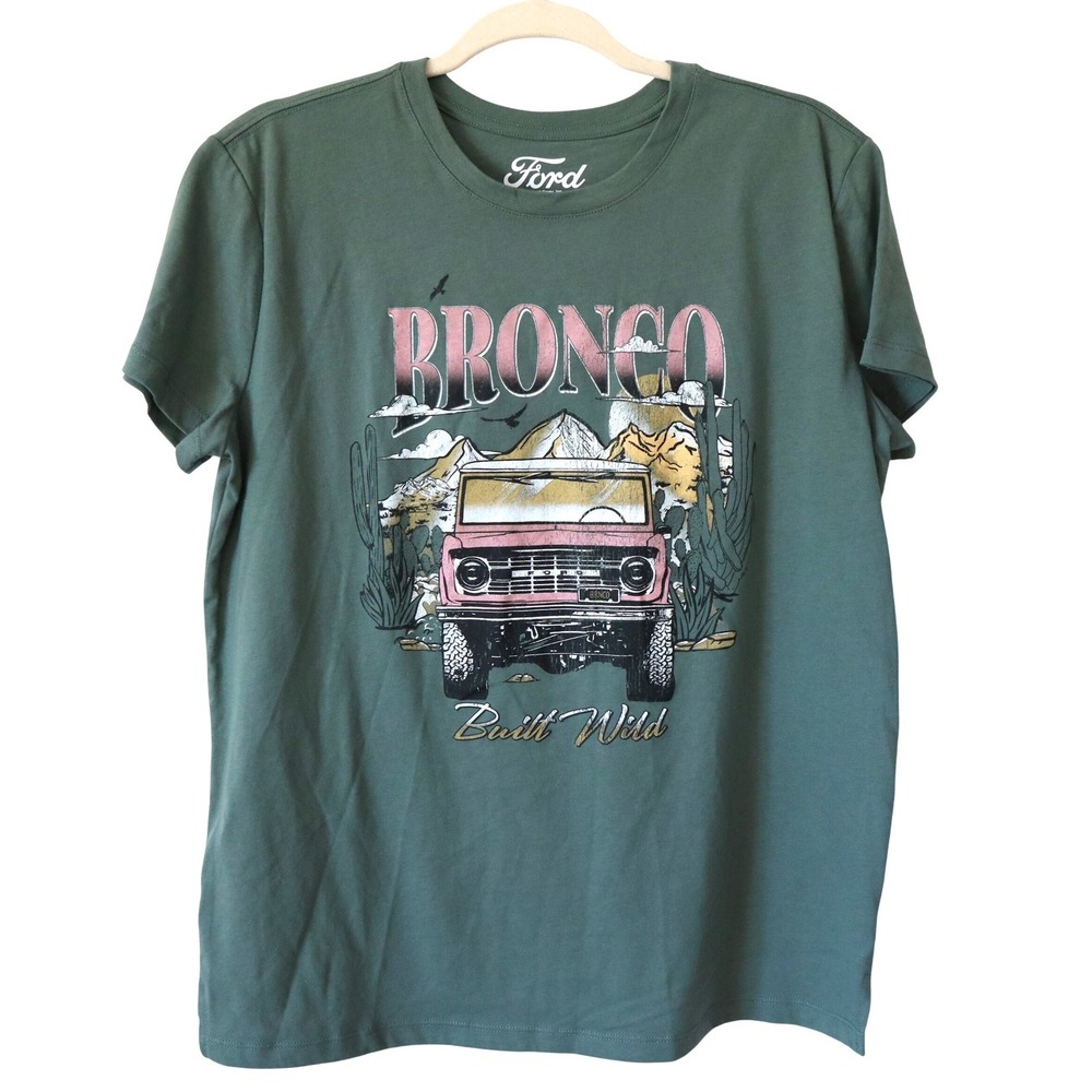 Ford Bronco Built Wild Graphic Tee Shirt‎ Mountains Green Women's Size Med Boho